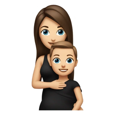 white woman, wearing a black dress and boots, stylish, with straight long mid hair, dark brown hair, blue eyes, round face, uni-lips. holding her baby boy, one year old, brown skin, bit of hair straight brown smiling sticker