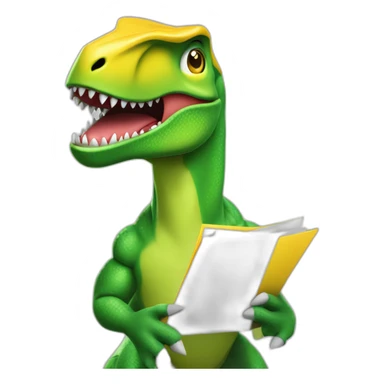 Angry green T-Rex dinosaur with a yellow folder in his hand sticker