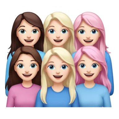 four adult white women laughing and smiling.  Two have long dark brown hair.  One has long pale pink hair and blue eyes. one has with blue eyes and light blonde hair. sticker