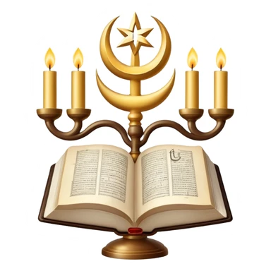 An icon featuring a Holy Bible, The Quran, Tara and the menorah, The Orthodox cross, a crescent moon, symbolizing the study of religions. The design includes diverse religious symbols and a globe, representing global beliefs and spiritual practices. Transparent background. sticker