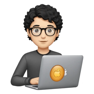 guy with wavy kinda curly black hair and light-to-medium skin tone like latino and glasses, with a macbook sticker