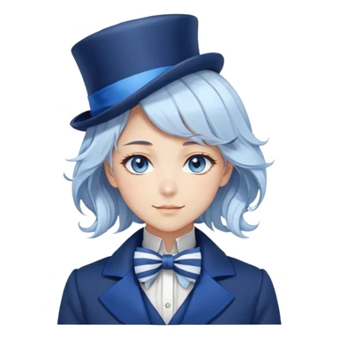 Beautiful gorgeous anime lady with white wavy hair with thin blue stripes, blue eyes, blue short top hat with a blue bow tie, smug grin, blue coat, blue cravat, white gloves sticker