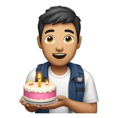 Asian guy scared while holding a cake with candles in his right hand and a lotion bottle in his left hand sticker