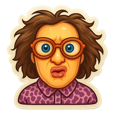 Create an emoji based on this person's appearance, focusing on the wild hair, glasses, and patterned shirt. Use a fun, expressive style suitable for emoji, in a retro stickers style. sticker
