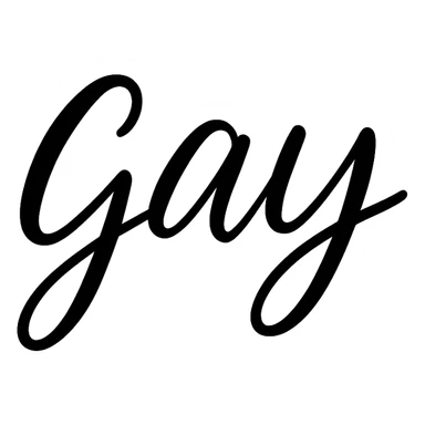 the word GAY in a handwritten black script sticker