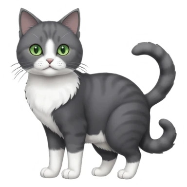 full body view of beautiful female solid dark grey cat with green eyes, white toes/paws and white patch on her chest sticker