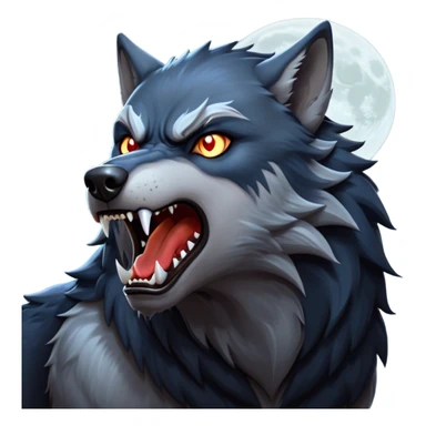 cinematic-noble-fierce-werewolf-howling-portrait-emoji, poised-and-imposing, with a fierce wolfish face tilted upwards in a haunting howl, glowing eyes full of primal ferocity, sharp, and a rugged snout, fur rippling in shades of midnight black and silver, muscles tensed as the powerful howl echoes beneath the moonlit sky; rendered with realism, capturing the raw, untamed power of the beast in its wild, primal state sticker