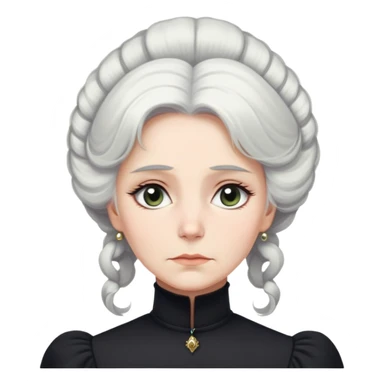 A Victorian woman with elegant coiffed white hair and light eyes wearing a modest black turtleneck mourning dress without jewelry looking down with a forlorn expression sticker