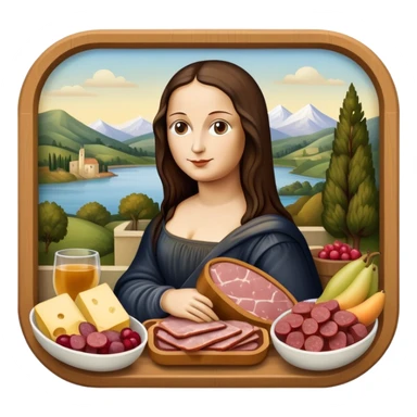  mona lisa with SPAM MEAT charcuterie and fruit tray renaissance landscape sticker