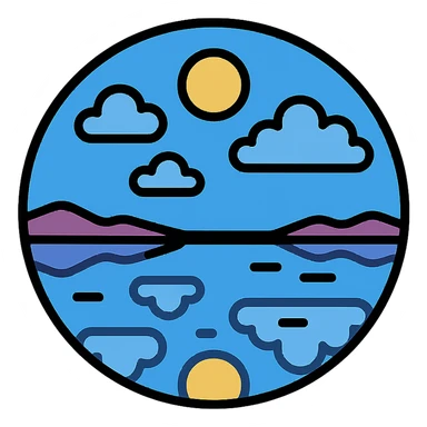 icon style of Uyuni salt flat desert with sky reflection, clear sky and clouds, water reflecting the sky, mystical and peaceful atmosphere sticker