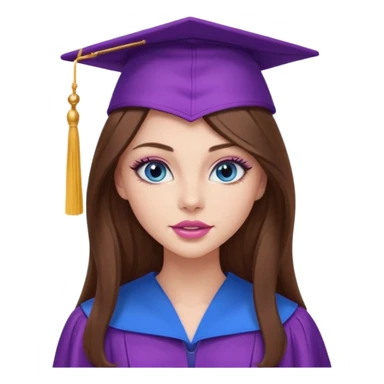 stunning girl with gorgeous long brown hair, blue eyes, long lashes makeup, sexy pink lips, wearing a purple graduation cap and gown sticker
