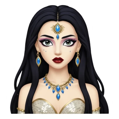 Akasha from Queen of the Damned with long black hair, ivory sequin outfit sticker