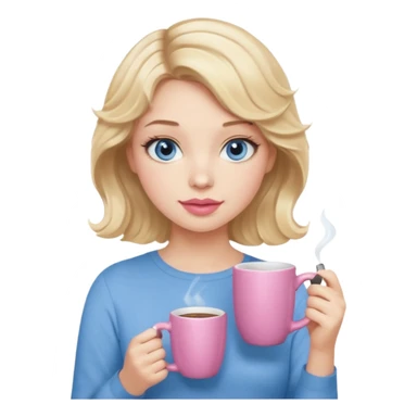 Girl Blonde short wavy hair,  blue eyes, cute blue top, long lashes, pink lips, holding coffee mug sticker