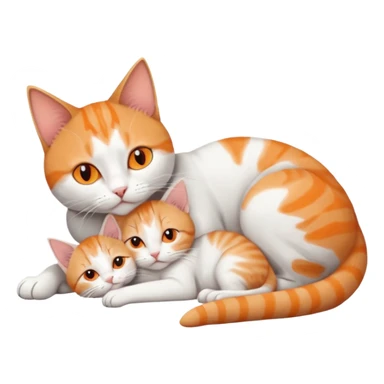 full body of a grey and white cat cuddling a very small + skinny ginger and white kitten with deep orange eyes and triangular shaped face lying down sticker