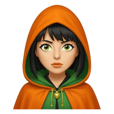 claudia winkleman with a heavy fringe and an orange tan as a traitor with a green hooded cloak with a gold clasp and dark black eyeliner sticker