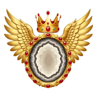 Big onyx geode with red rubby dots inside award-in-frame-decorated-with-big-golden-angel--wings and crown sticker