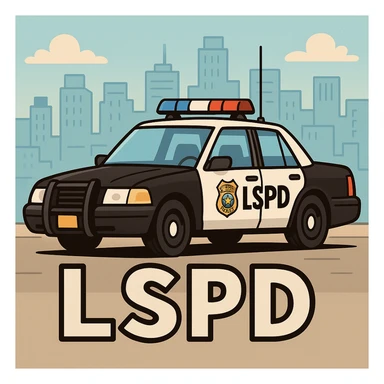 Make the police car black and white, add a city background, and add the caption 'LSPD' in a cartoon style. sticker