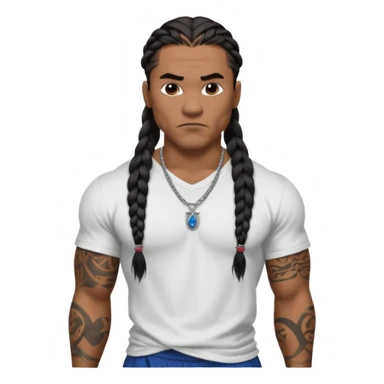 Samoan male with loose fitting white t-shirt. long braided hair, very muscular, tattoos. street culture clothing. Tough and menacing. sticker