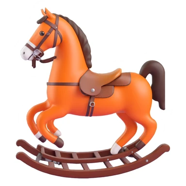 rocking horse, 3D, vintage, dark wood, Hermès orange leather saddle, elegant, no text sticker