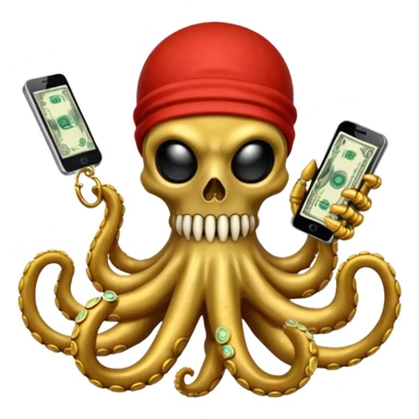 satanic octopus skeleton with scary evil eyes wearing a gold necklace and balaclava. 1 tentacle is holding a cellphone, 1 tentacle is holding a bone, 1 tentacle is holding a stack of cash. sticker