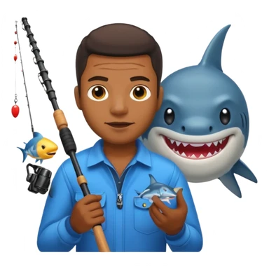 Black man with a fishing rod and a shark, emoji style sticker