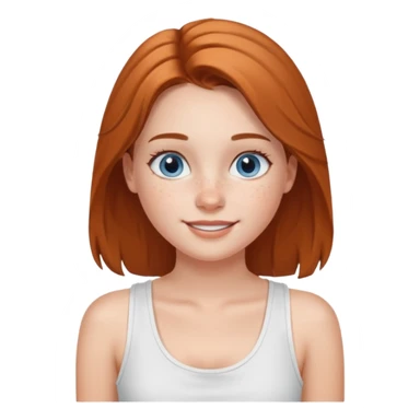 Una chica de tez blanca con pecas, nariz respingada, labios gruesos, ojos grandes color azul grisáceo, pelo largo, lacio, color avellana. Con una blusa de tirantes blanca. Que este sonriendo y q solo se vea de la cintura hacía arriba sticker