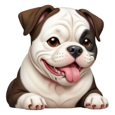 Cinematic Cute Yawning Black and White American Bulldog Portrait Emoji, Head tilted slightly with a dramatic, wide-open yawn, short black and white fur with a velvety texture, floppy ears slightly drooping, round brown eyes barely open in drowsy contentment, Simplified yet irresistibly adorable features, highly detailed, glowing with a soft, cozy glow, high shine, relaxed yet expressive, stylized with a touch of whimsy, bright and endearing, soft glowing outline, capturing the essence of a sleepy yet affectionate pup, so drowsy it feels like it could stretch right out of the screen and curl up for a nap! sticker