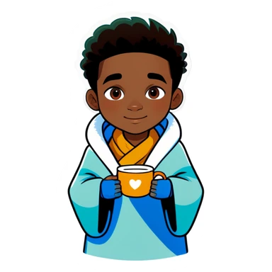 Brown skin boy wrapped in a blanket holding a cup of tea cozy vibes sticker
