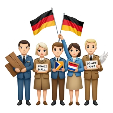 people holding protest signs, Berlin Wall in the background, peace dove, East and West Germany flags, 1950s and 60s sticker