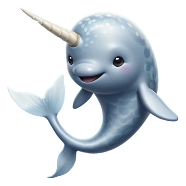 Cinematic Noble Cute Narwhal Portrait Emoji, Poised and graceful, with a streamlined, gently curved body clad in mottled, silvery-gray skin, accented by a long, spiraled ivory tusk and wide, expressive eyes radiating playful intelligence, Simplified yet sharp and sophisticated features, highly detailed, glowing with a cool, frosted ocean glow, high shine, intelligent and enigmatic, stylized with an air of whimsical marine majesty, focused and graceful, soft glowing outline, capturing the essence of a watchful and confident cute narwhal that appears ready to glide out of the screen with effortless charm! sticker