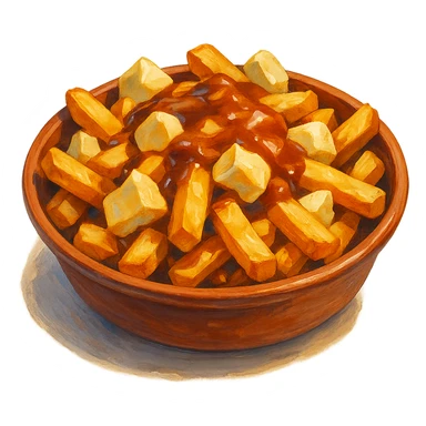 В слега рисованном, но при этом ярком и объемном стиле сгенерируй картинку сочного американского канадского блюда путин, профессионально выставленный свет, который подчеркивает объем, прозрачный фон sticker