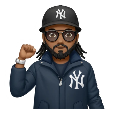 African American man with shoulder length black dreadlocks with black beard wearing black sunglasses wearing a New York Yankees logo baseball cap wearing a all dark black bubble winter coat flexing arm muscles sticker