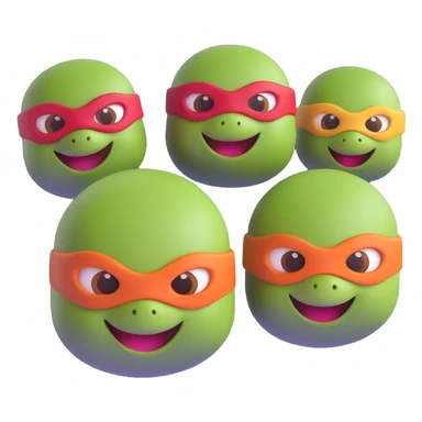 Teenage Mutant Ninja Turtles, 3D emoji style, rounded shapes, expressive faces, simple background sticker