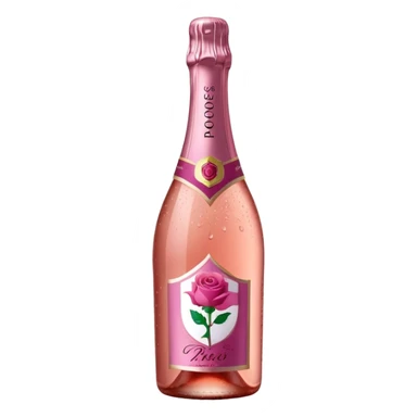 bottle of sparkling rosé with a rose logo on the label, angled to the left, no glass sticker