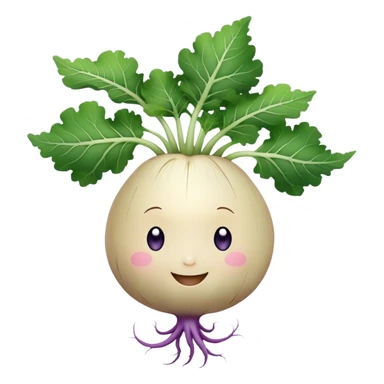 white turnip with slight purple shading with cute smiling baby-like face and leafy stalk and cute spindly roots from the bottom sticker