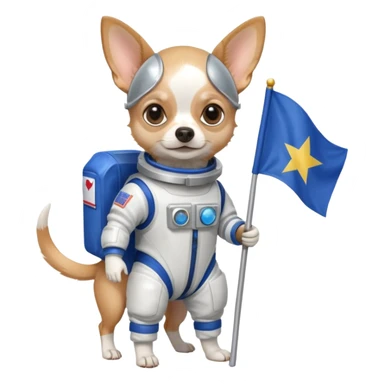 a chihuahua in space suit, holding blue rectangle flag, full body, front view sticker