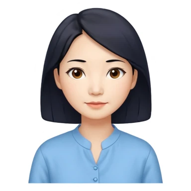 Chinese woman 50 years old, gentle caring expression, shoulder-length black hair, brown eyes, pastel blue blouse sticker