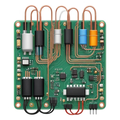 An icon featuring a circuit board, electrical wires, symbolizing electrical engineering. The design includes resistors, capacitors, and a power transformer, representing the study of electrical systems and innovation. Transparent background highlights modern electrical technology sticker