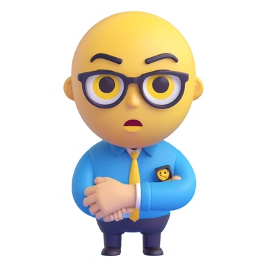 A yellow emoji face with a worried expression, looking at a wristwatch with raised eyebrows, showing urgency and stress sticker
