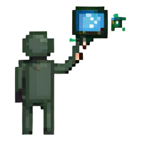 Stick figure throwing a tiny computer sticker