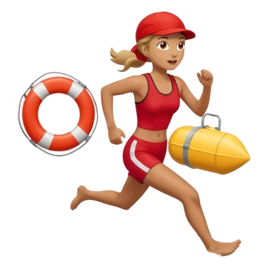Female lifeguard – red cap, running along shore with rescue buoy sticker