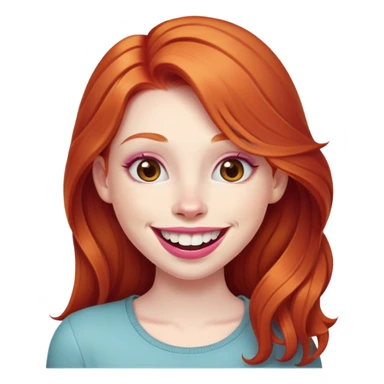 Young girl with pale skin, longer face, full pink lips smiling with big teeth, very long ginger red hair (no blonde at all), big brown eyes, bigger nose, big mouth sticker