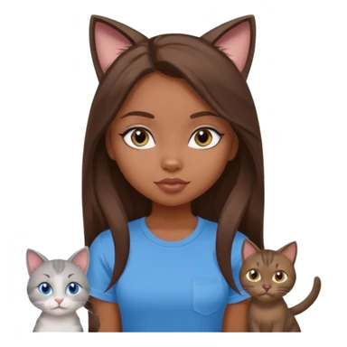 a pretty bratz dusky girl with long brown hair, blue eyes with six cats nd wearing a grey tshirt sticker