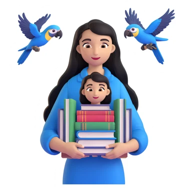 woman with long black hair and light brown skin, holding a stack of books in her arms, blue macaws flying around her, face as the focal point, with the arches of Atalaia Beach subtly in the background sticker
