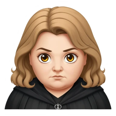 Alecto Carrow in harry potter, a woman fat, light brown knot tied hair, look evil, black cloak sticker