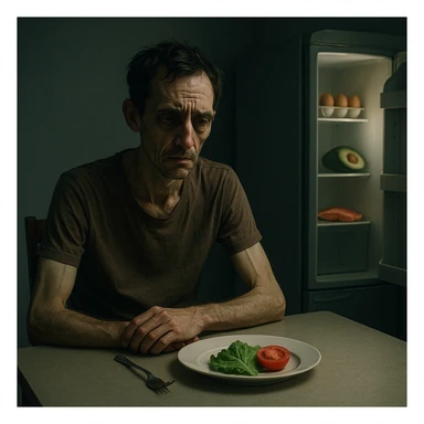 cinematic lighting, symbolic realism; thin, tired man at a minimalist kitchen table, plate with lettuce and tomato, frustrated and weary, sunken eyes, cold empty background, closed fridge with healthy foods (eggs, avocado, fish), expressive facial details, muted palette sticker