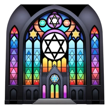 jewish synagogue temple in dark goth aesthetic style with black building and very light tint rainbow stained glass windows. and star of david and celestial symbolism sticker
