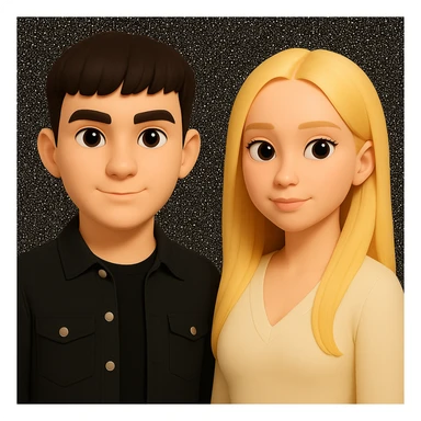 Slightly increase the volume of the upper body of the girl, significantly spread them apart from each other, make the skin color the same for both characters, while preserving the cartoonish 3D style as seen in the reference image. sticker