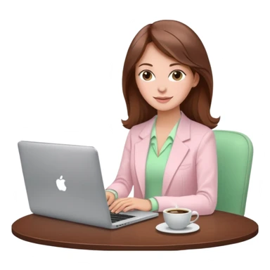  woman character dressed in pastel light pink with laptop and coffee relax table, dollars are floating, white laptop, brownn hair, fair skin,  sticker