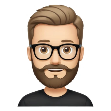 Caucasian man with complete beard, short hair styled up, large black eyeglasses, cheerful expression, black athletic shirt sticker